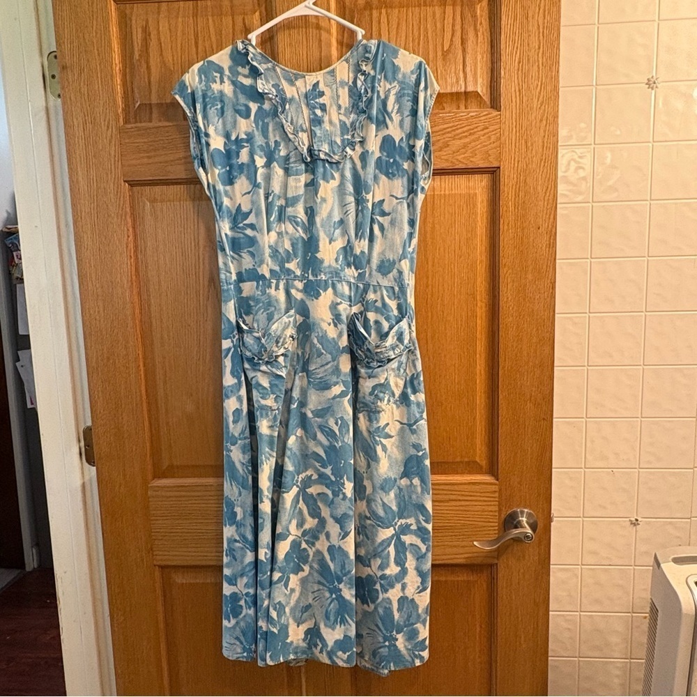 Vtg Ken Back Wrap House Coat Duster Dress Tie Behind Open Blue Floral Women’s S